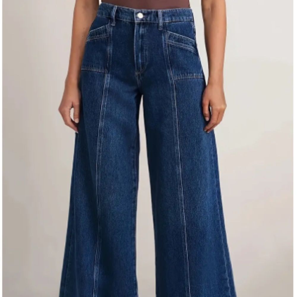 Wide Leg High Waisted Denim Blue Jeans Front Seam Trendy Women's Size XL